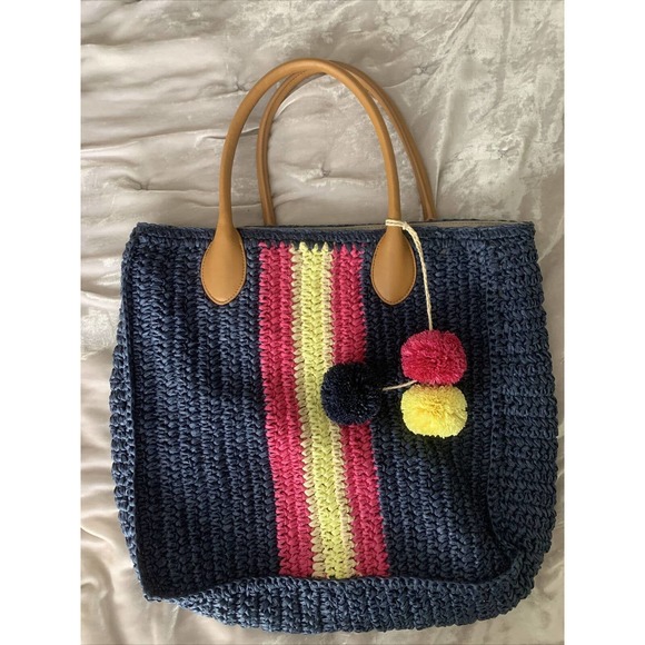 Talbots Large 14” Natural Woven Straw Tote Beach Bag Navy Magenta Yellow - Picture 1 of 8